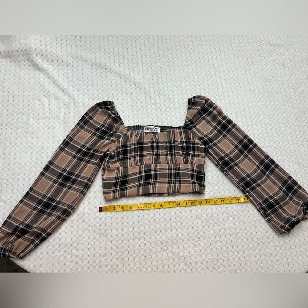 Long Sleeve tan and black plaid crop top square neck size S